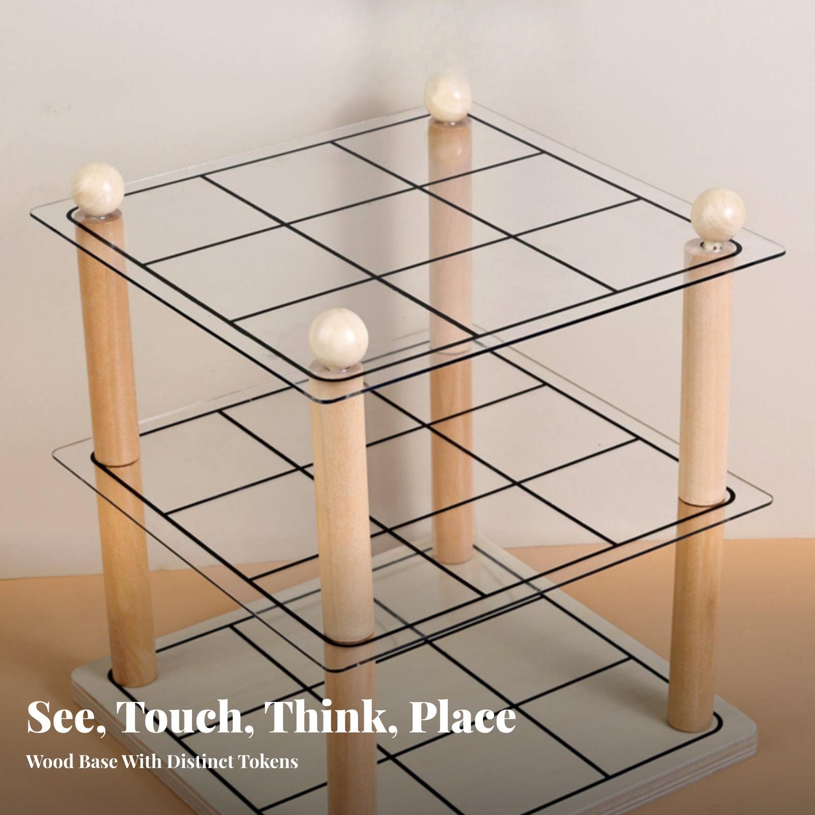 Kids Education Plan - เกมกระดานลอจิกเพื่อการศึกษาสำหรับเด็ก 3D Noughts and Crosses พร้อมชิ้นส่วนไม้และอะคริลิกสำหรับการวางแผนเชิงกลยุทธ์และการฝึกสมาธิ