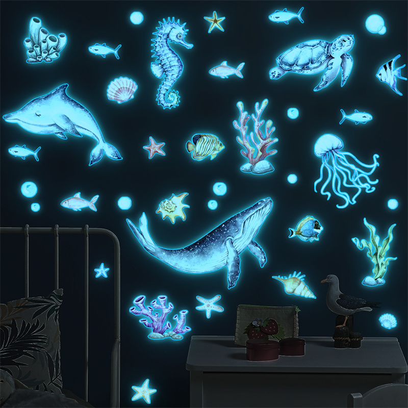 Kids Education Quotes - Luminous Ocean สัตว์สติ๊กเกอร์ติดผนังสําหรับตกแต่งห้องนอนเด็กห้องเด็กเรืองแสง Night Light ปลาวาฬสติกเกอร์