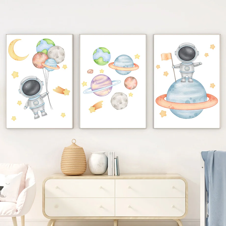 Kids Education Name - 1 ชิ้น--ภาพพิมพ์บนผ้าแคนวาสตกแต่งผนังห้องเด็กผู้ชายลายอักษรนักบินอวกาศจรวดพร้อมชื่อที่กำหนดเอง - โปสเตอร์ตกแต่งห้องเด็กพร้อมลายตัวเลข