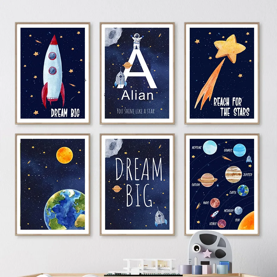 Kids Education Name - ภาพพิมพ์บนผ้าใบ 1 ชิ้น ภาพตกแต่งผนังห้องเด็ก ลายอวกาศ นักบินอวกาศ